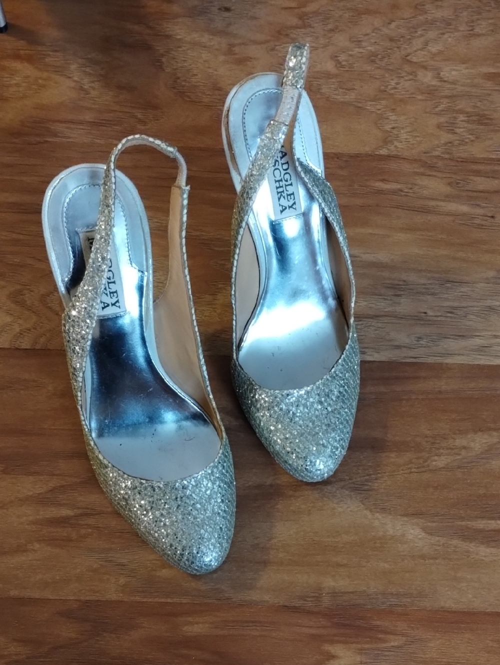 Badgley Mischka Glittery Gold Pointed Slingback Heels